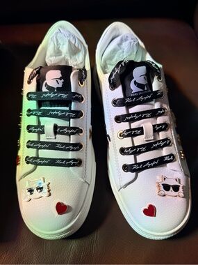 Karl Lagerfeld White Sneakers with Black Laces and Red Heart Accents
